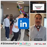 Collage mit drei Bildern zum Diversity Day 2025 bei secura protect: links „Diversity Lunch“ mit bunt gemischtem Team und Luftballonbogen, rechts oben Frage „Was bedeutet eigentlich Vielfalt?“, rechts unten ein sprechender Mitarbeiter.