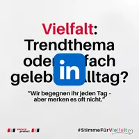 Weißes Quadrat mit schwarzem Text: „Vielfalt: Trendthema oder einfach gelebter Alltag?“ Darunter in kleinerer Schrift: „Sitzen wir nicht alle im gleichen Zug?“ Unten links das Logo von secura protect in rot, grau und schwarz. Unten rechts der Hashtag: #St