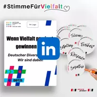 Grafik mit Poster Charta der Vielfalt und mehrere Buttons mit Aufschrift Empathie Respekt Entfaltung Freiheit Toleranz Überschrift Stimme für Vielfalt und secura protect Logo 