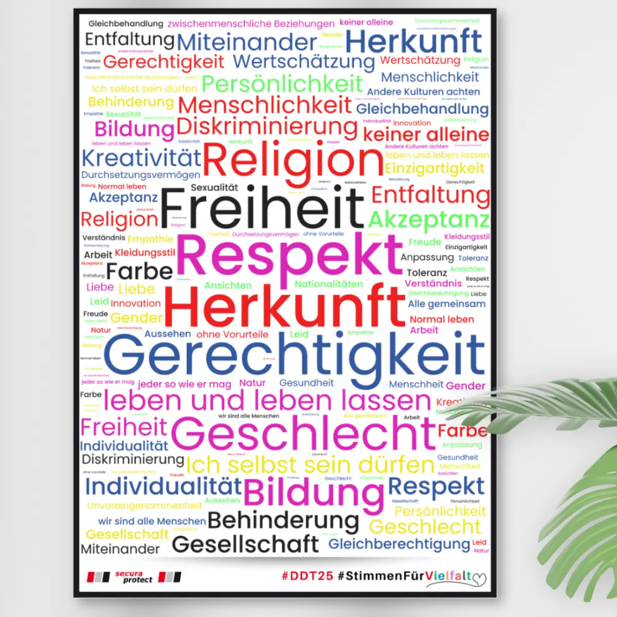 Bunte Wortwolke zum Diversity Day 2025 bei secura protect. Zentrale Begriffe: Freiheit, Respekt, Herkunft, Gerechtigkeit. Unten Logos von secura protect und Hashtag #StimmeFürVielfalt.