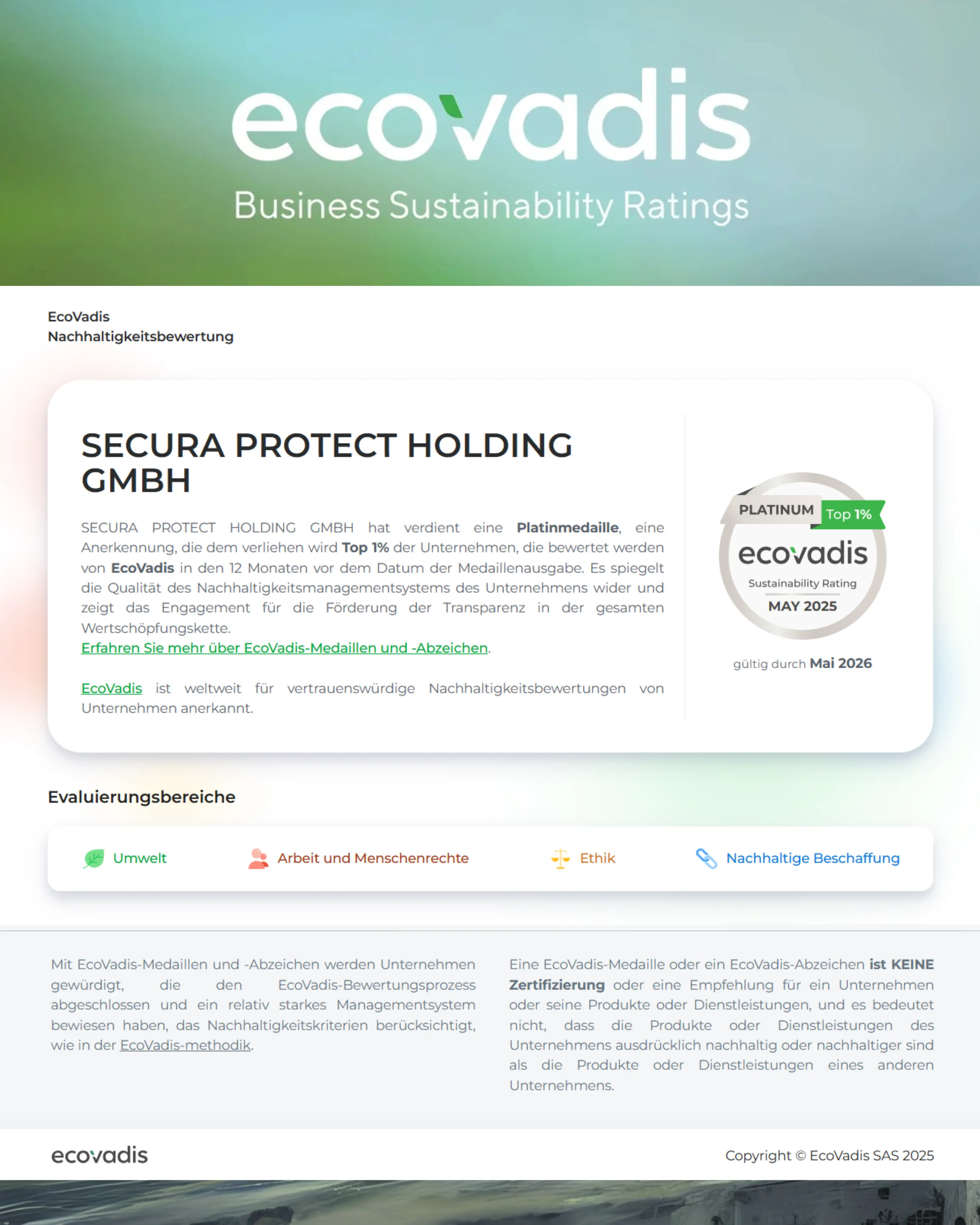 Ecovadis Nachhaltigkeitsbewertung - Anerkennungsseite
